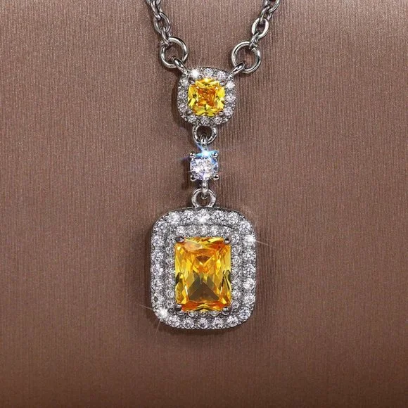 🌸Bling Double Royal Yellow Zircon Silver Plated Necklace for Women, UNVN12412 - Picture 3 of 7